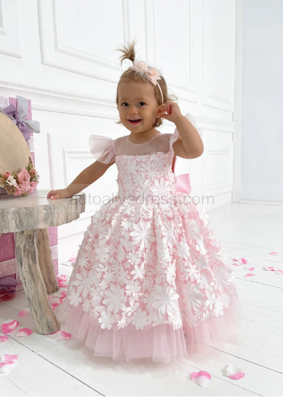 White Floral Appliques Pink Tulle V Back Flower Girl Dress